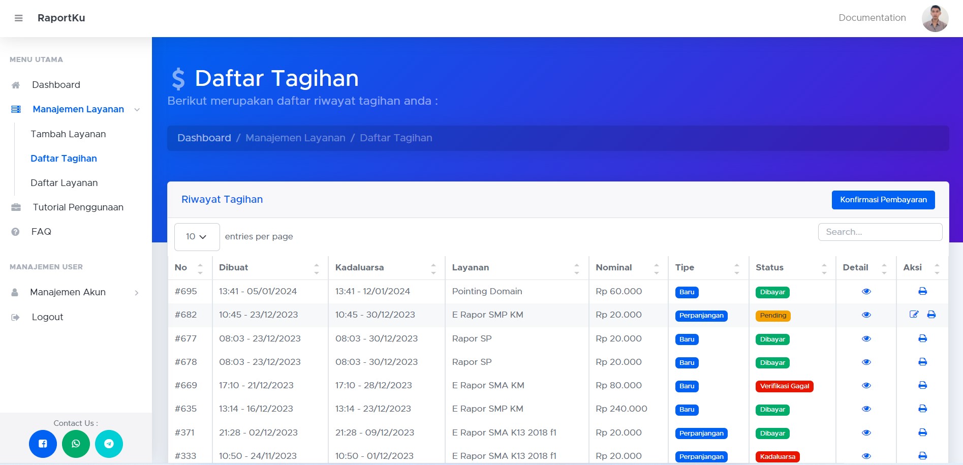 Tampilan Daftar Tagihan Raportku.com