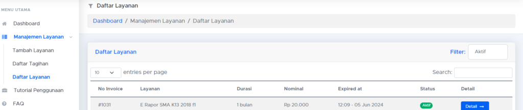 Halaman Daftar Layanan Raportku