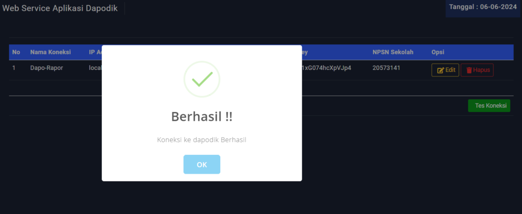 Tes Koneksi webservice dapodik berhasil
